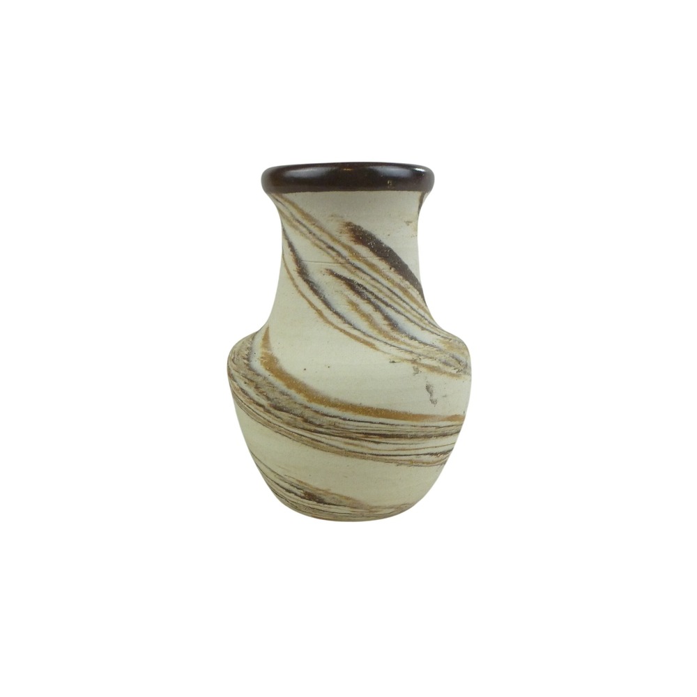 Vintage Marbled‎ Clay Pottery Vase Small Brown Cream Swirl Hand Thrown Decor